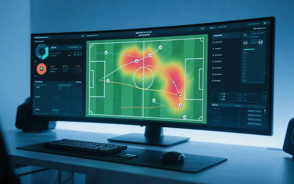 战术分析桌面，屏幕显示足球场热区与传球网络，简洁科技感
